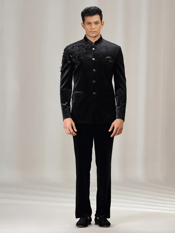 Black velvet jodhpuri suit with beads and cutdana work