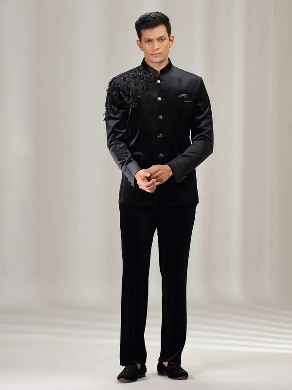 Black velvet jodhpuri suit with beads and cutdana work
