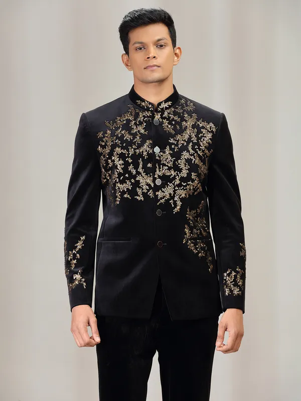 Black velvet jodhpuri suit with beads work