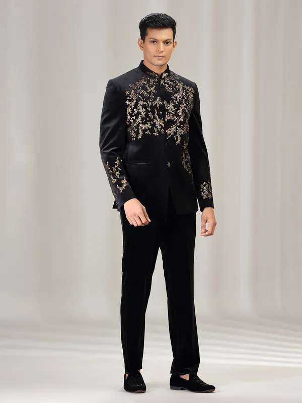 Black velvet jodhpuri suit with beads work