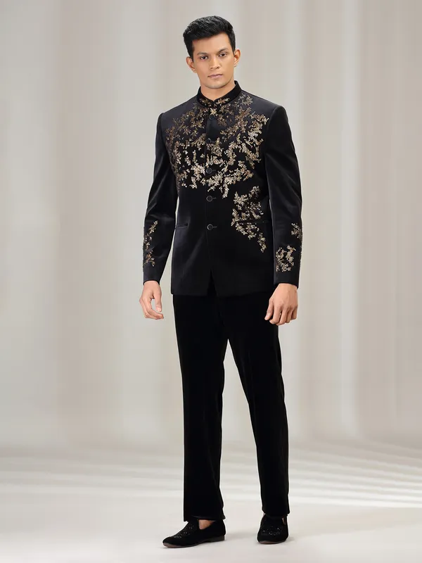Black velvet jodhpuri suit with beads work