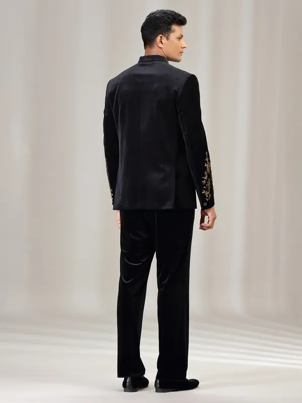 Black velvet jodhpuri suit with beads work