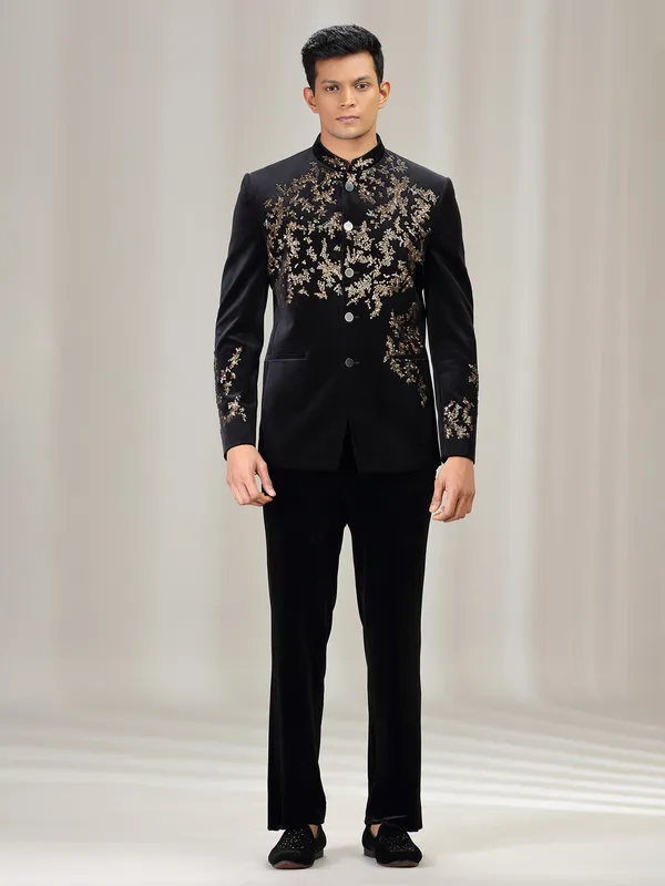 Black velvet jodhpuri suit with beads work