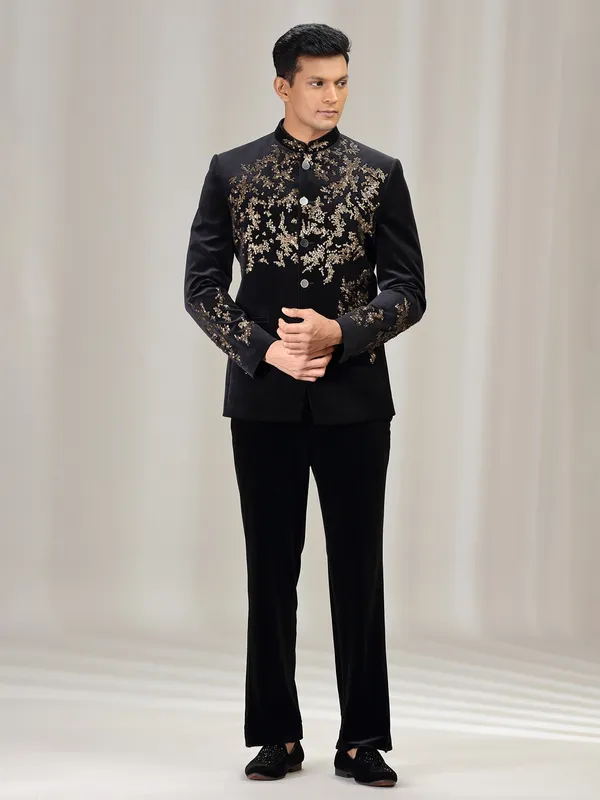 Black velvet jodhpuri suit with beads work