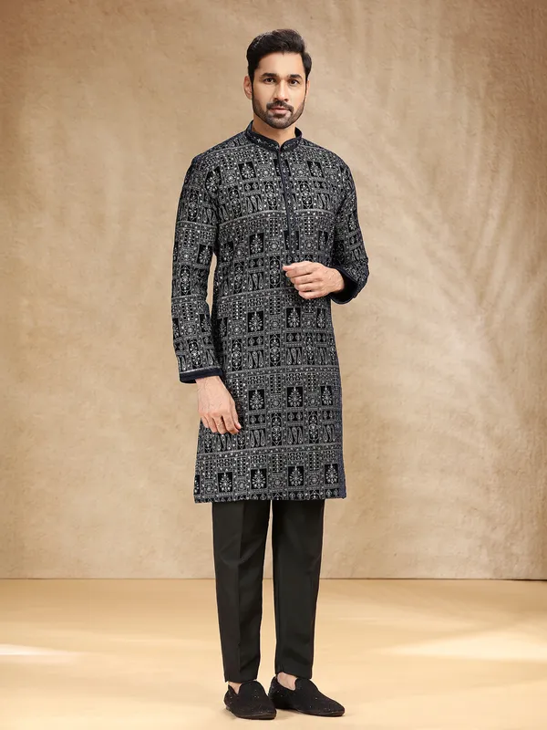 Black velvet kurta suit with resham work