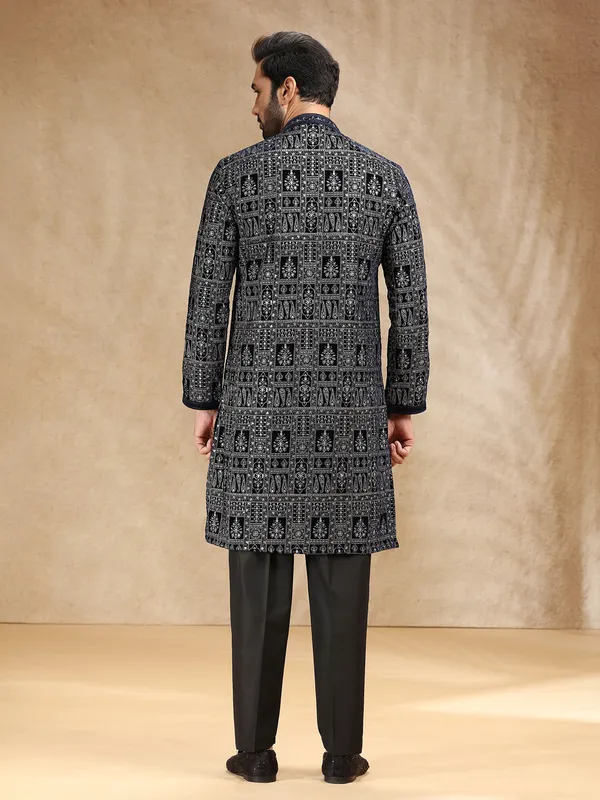 Black velvet kurta suit with resham work