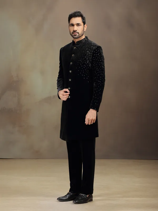 Black velvet terry rayon indowestern set for reception