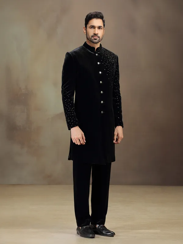 Black velvet terry rayon indowestern set for reception