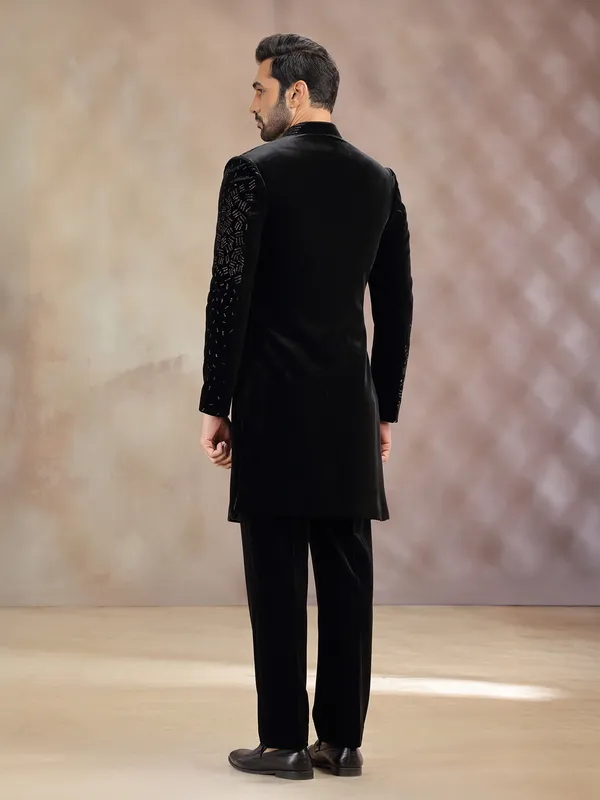 Black velvet terry rayon indowestern set for reception