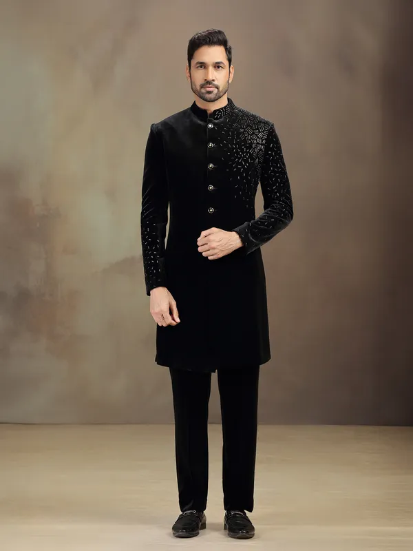 Black velvet terry rayon indowestern set for reception