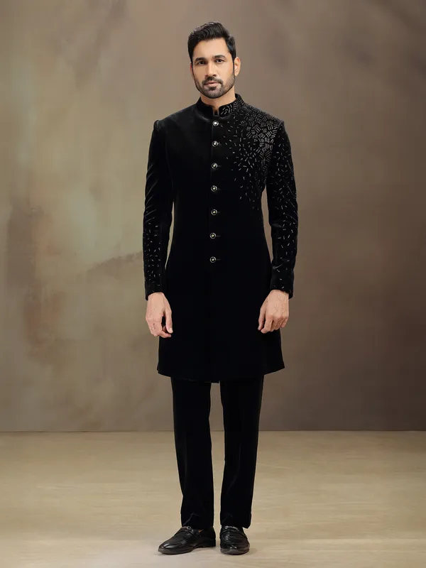 Black velvet terry rayon indowestern set for reception