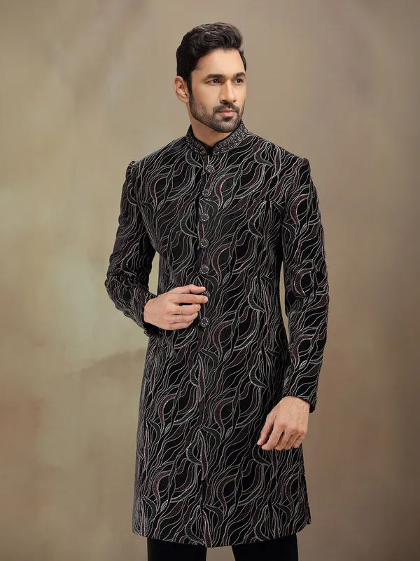 Black velvet terry rayon indowestern set with embroidery