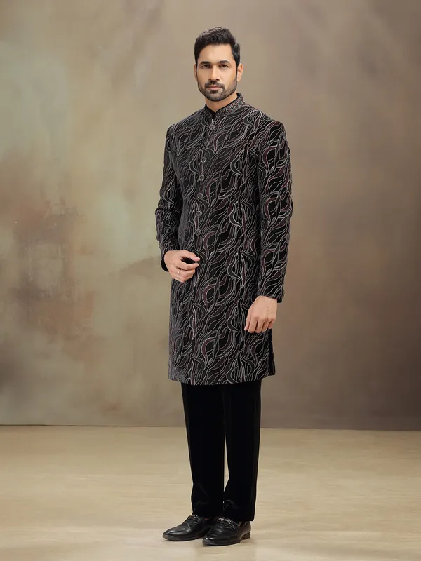 Black velvet terry rayon indowestern set with embroidery