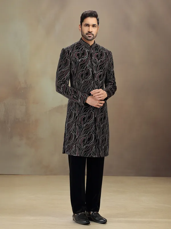 Black velvet terry rayon indowestern set with embroidery