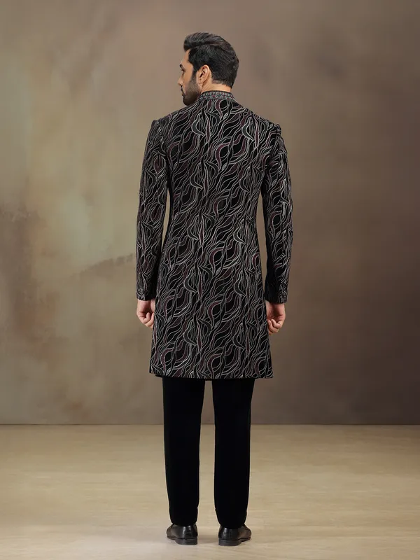 Black velvet terry rayon indowestern set with embroidery
