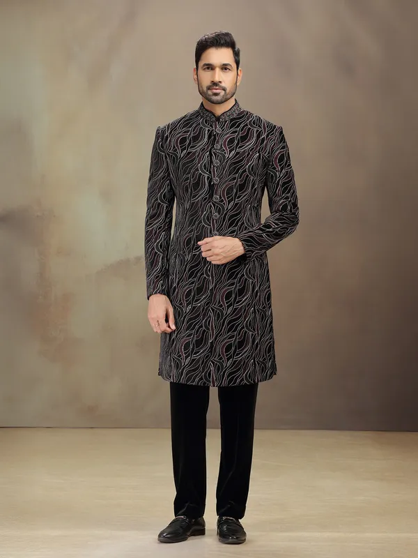 Black velvet terry rayon indowestern set with embroidery
