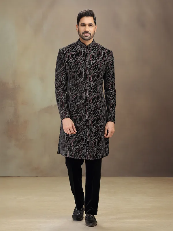 Black velvet terry rayon indowestern set with embroidery