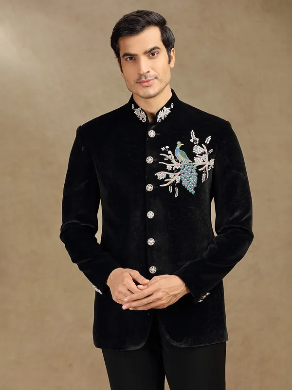 Black velvet textured jodhpuri suit for receptions