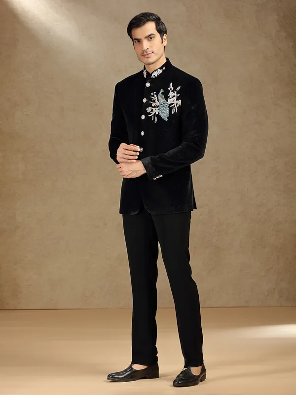 Black velvet textured jodhpuri suit for receptions