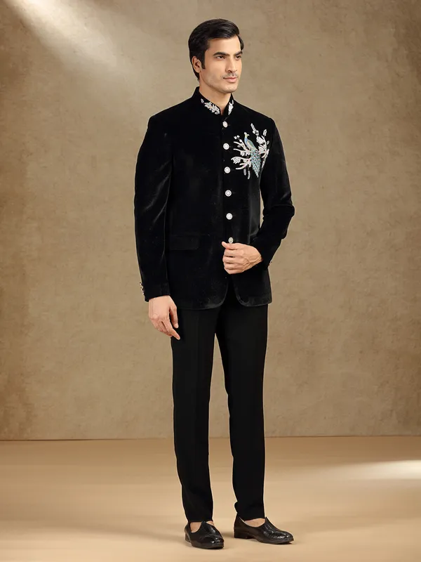 Black velvet textured jodhpuri suit for receptions