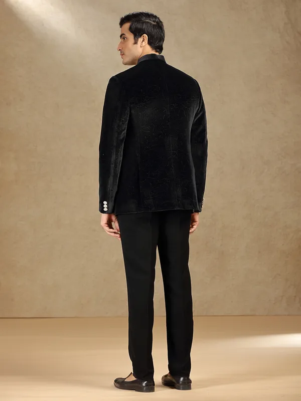 Black velvet textured jodhpuri suit for receptions