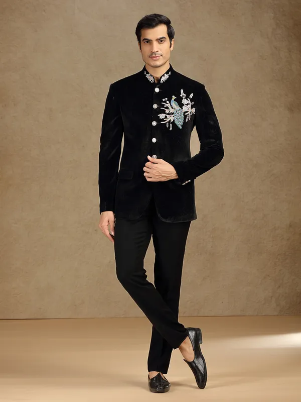 Black velvet textured jodhpuri suit for receptions