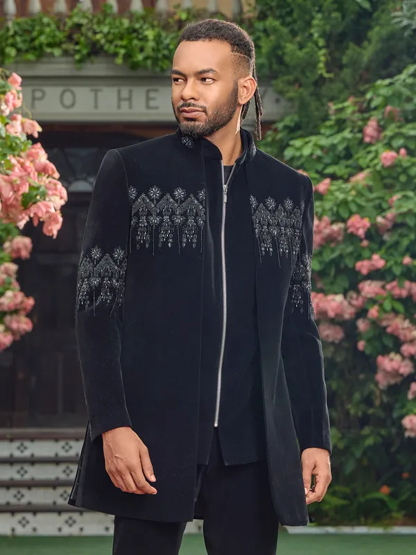 Black velvet zipper indo western ensemble