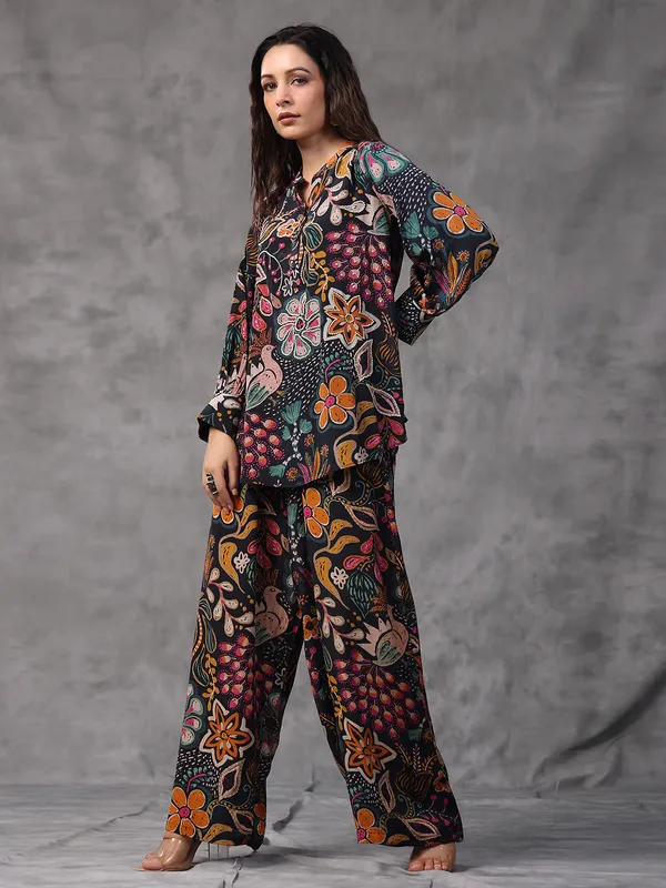 Black viscose crepe printed co ord set