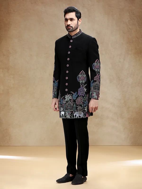 Black wedding wear indowestern set in terry rayon