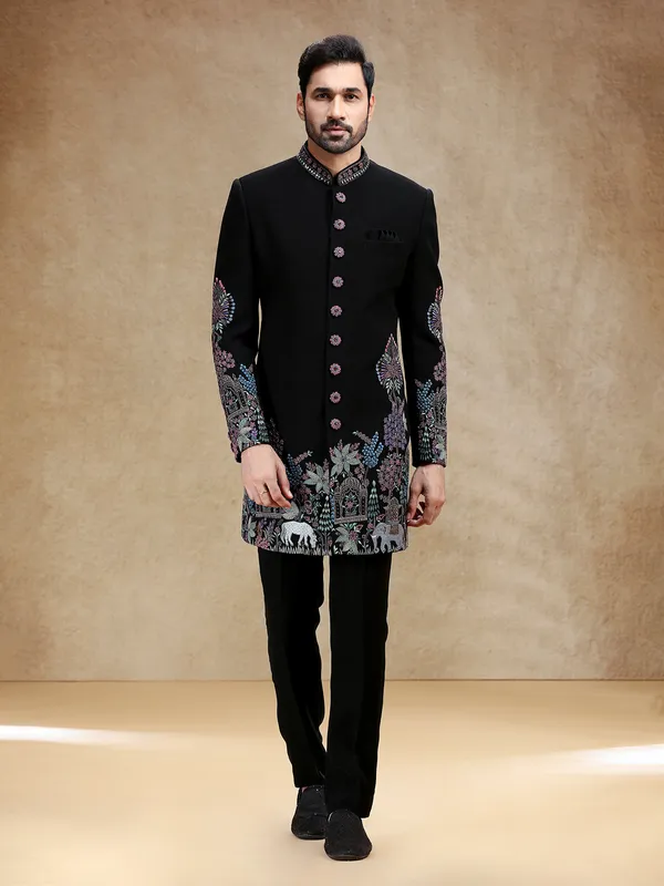Black wedding wear indowestern set in terry rayon