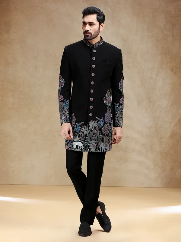 Black wedding wear indowestern set in terry rayon