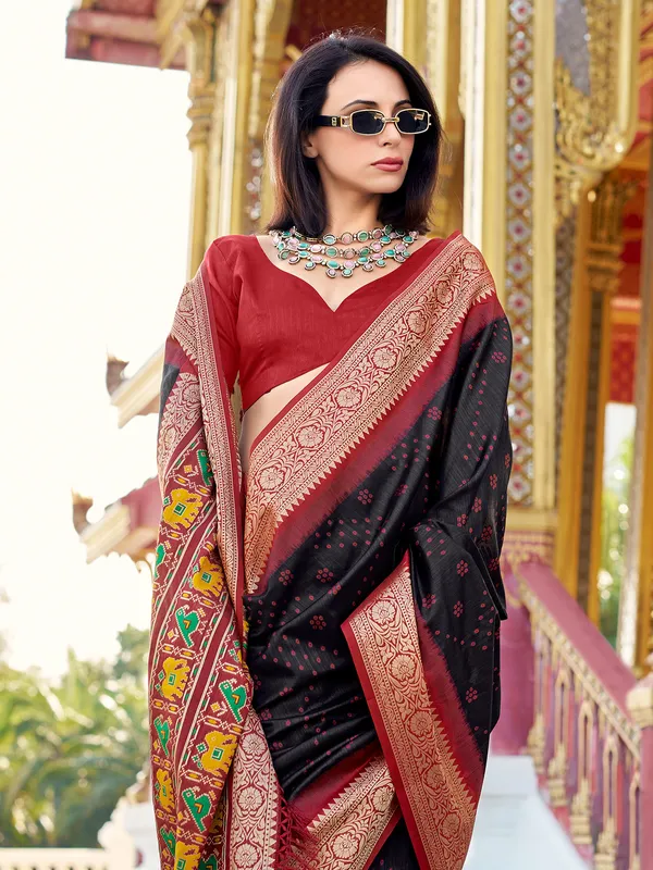 Black zari printed tussar silk saree with blouse