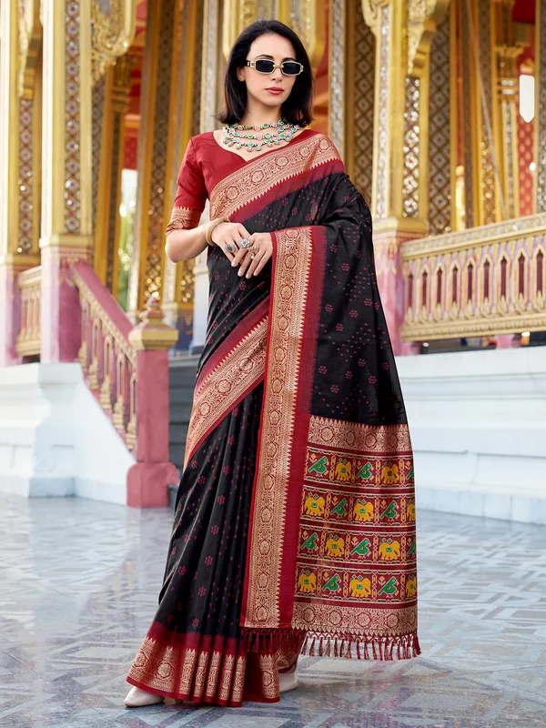 Black zari printed tussar silk saree with blouse
