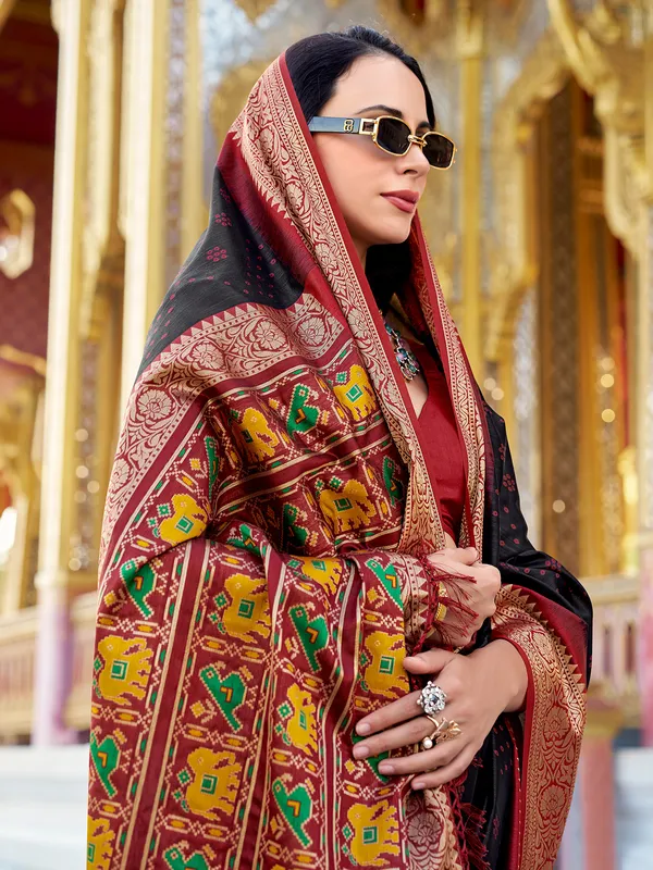 Black zari printed tussar silk saree with blouse