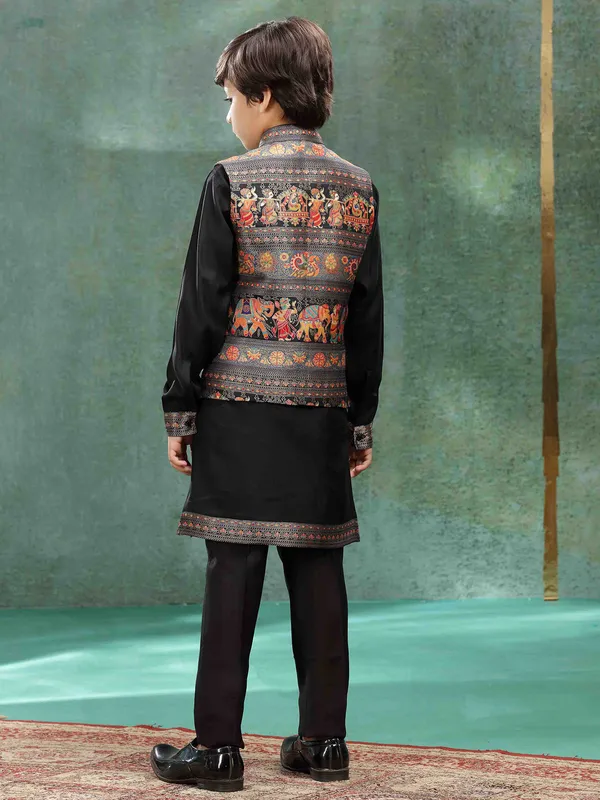 Black zari weaved waistcoat for boys in silk