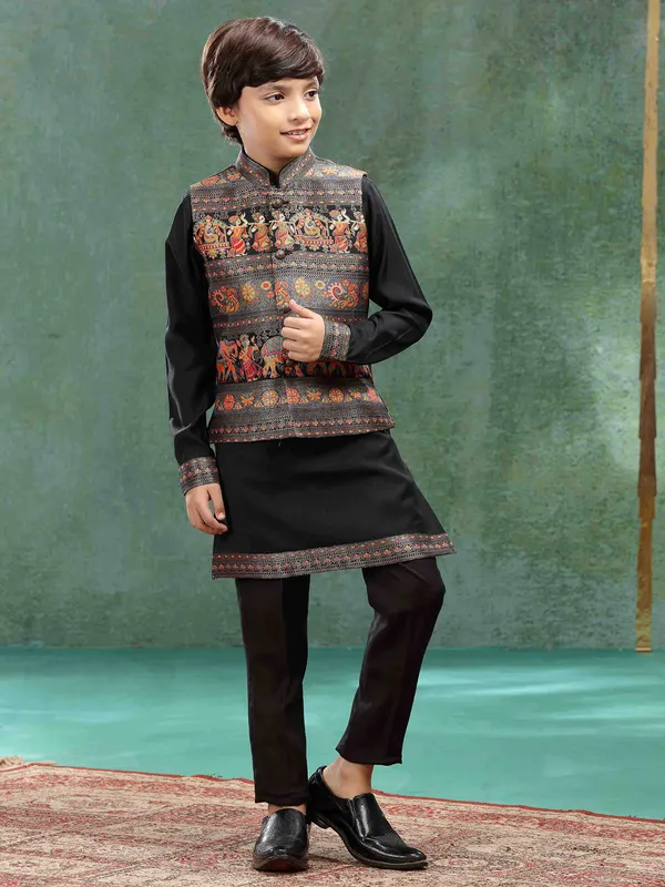 Black zari weaved waistcoat for boys in silk