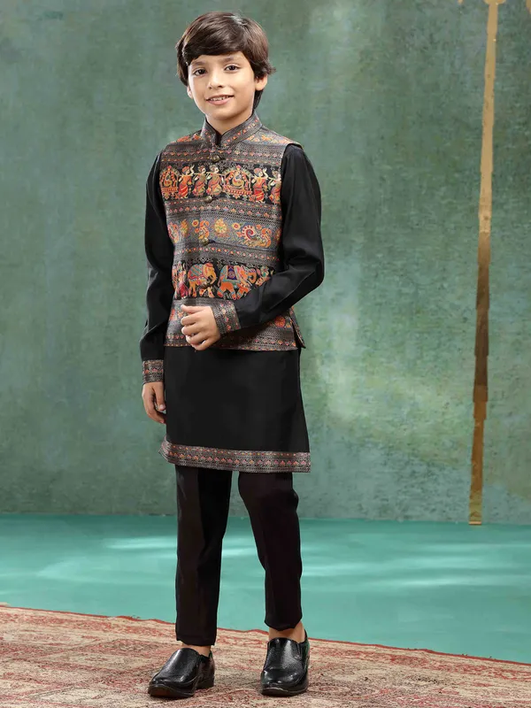Black zari weaved waistcoat for boys in silk