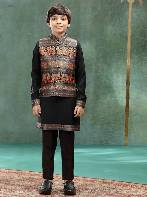 Black zari weaved waistcoat for boys in silk