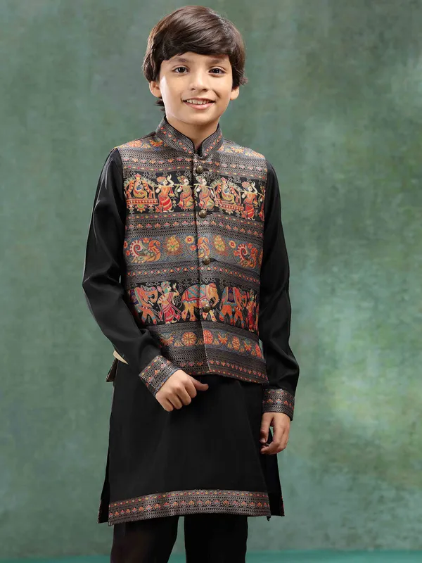 Black zari weaved waistcoat for boys in silk