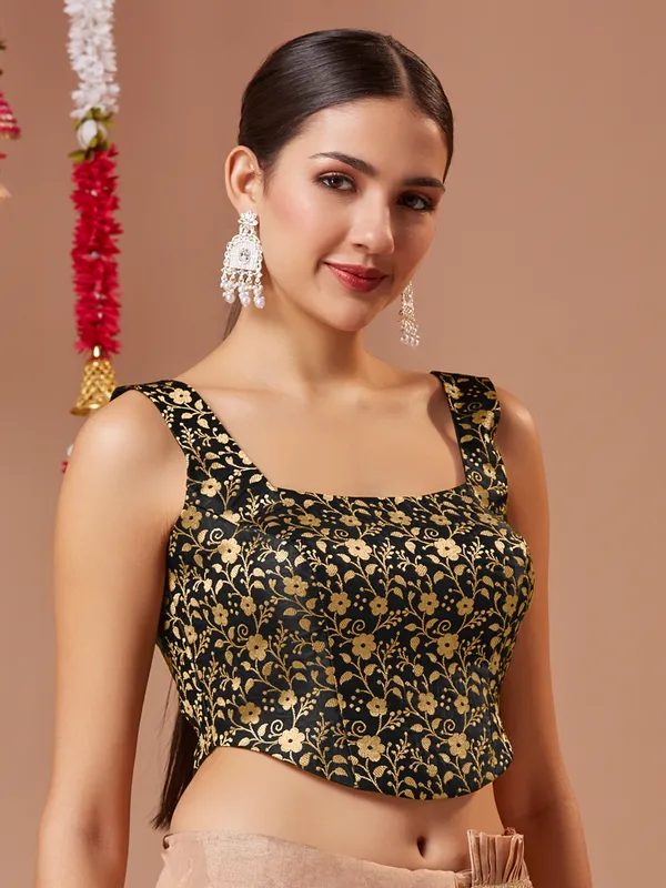 Black zari worked silk ready made blouse