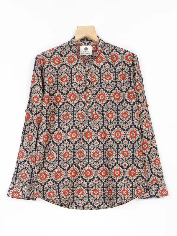 Blazo navy printed cotton shirt in kurta style
