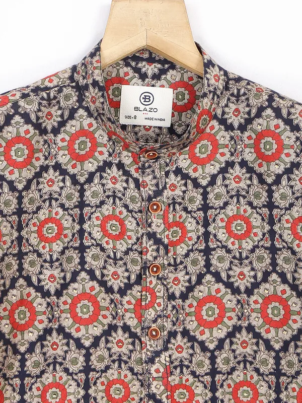 Blazo navy printed cotton shirt in kurta style