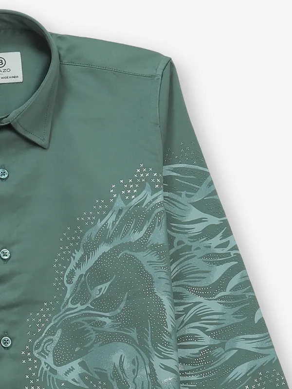 BLAZO printed pista green linen shirt