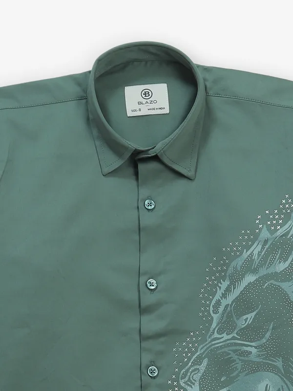 BLAZO printed pista green linen shirt