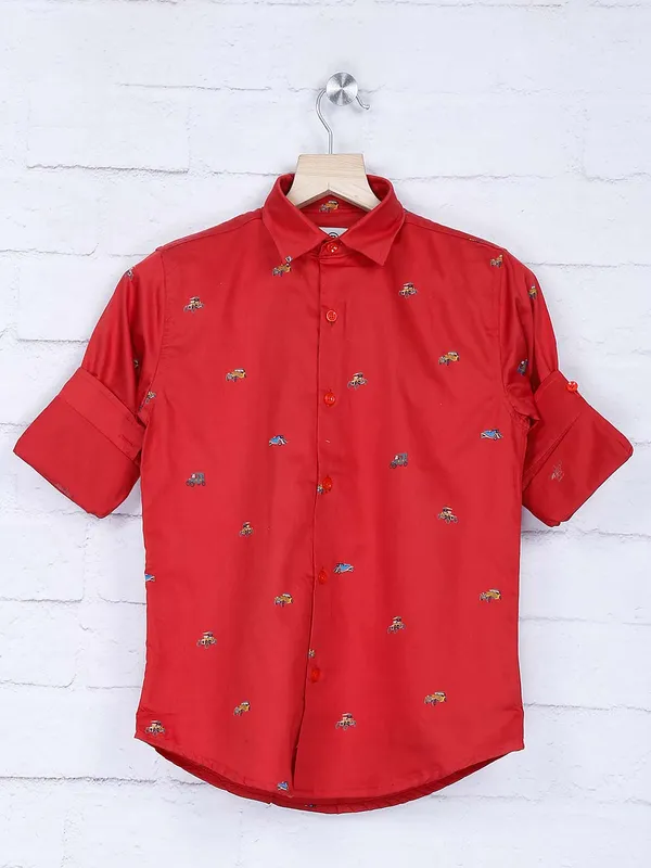 Blazo red hue car printed cotton shirt