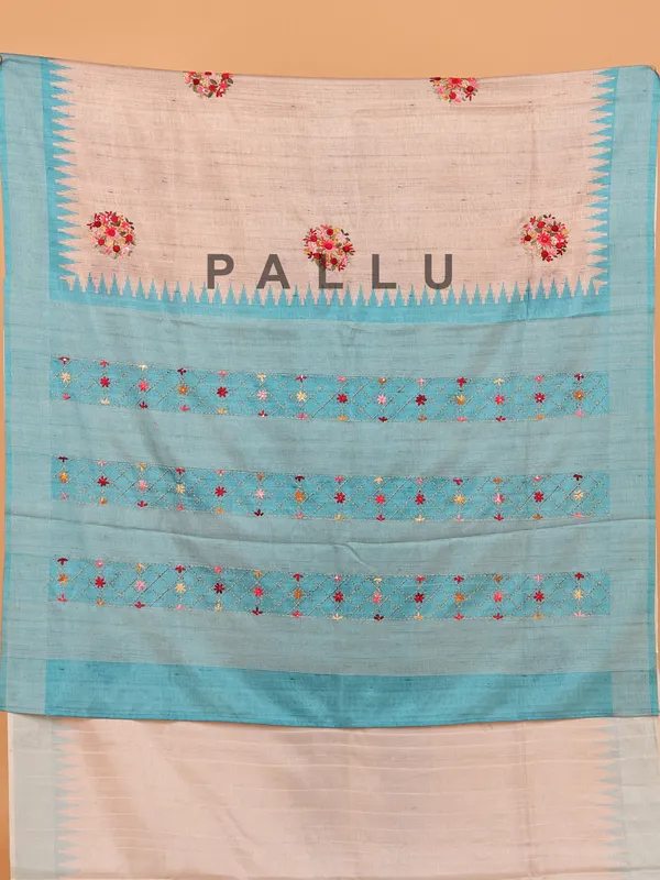Blue and beige semi tusser silk saree for festive