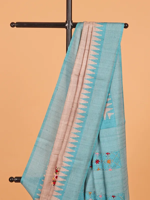 Blue and beige semi tusser silk saree for festive