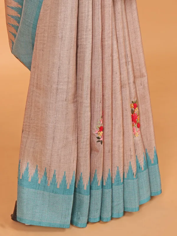 Blue and beige semi tusser silk saree for festive