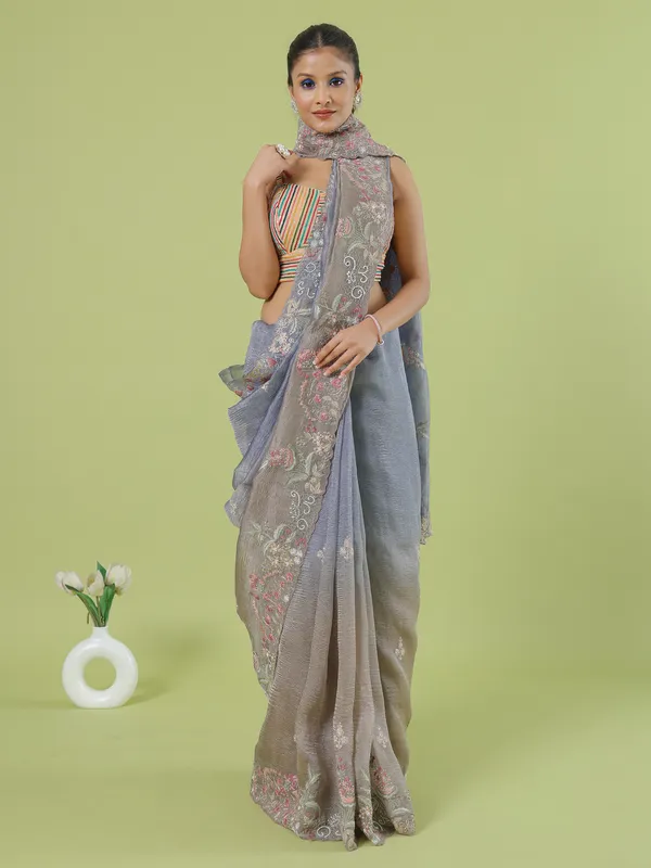 Blue and beige shaded tissue silk saree
