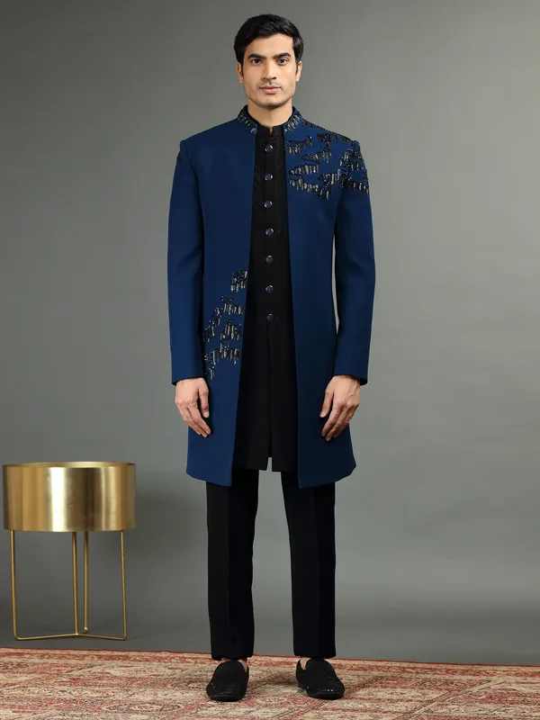 Blue and black indowestern in terry rayon